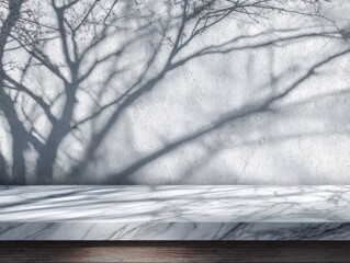Aufkleber - Marble Tabletop Display with Tree Shadow on Concrete Wall Background in Minimalist Style for Product Mockup or Presentation