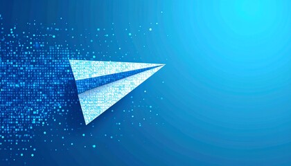 Poster - A digital paper airplane soaring through a blue gradient background, symbolizing innovation and technology in motion