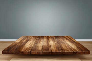 Poster - Rustic Wooden Tabletop Display Against Soft Gray Wall Interior Studio Shot for Product Mockup or Food Photography