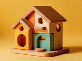 Aufkleber - Wooden toy house close up studio shot on yellow background; colorful blocks, geometric shapes, architectural model, educational play, home concept