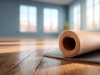 Fototapete - Rolled Yoga Mat on Hardwood Floor in Studio with Natural Light from Windows Low Angle Close Up