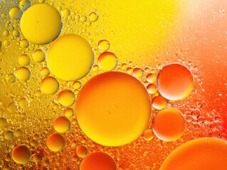 Poster - Abstract macro photograph of oil and water creating vibrant yellow orange and red bubbles in a dynamic composition