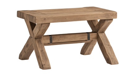 Poster - Rustic wooden stool with cross legs stands isolated against a plain white studio backdrop showcasing its details.