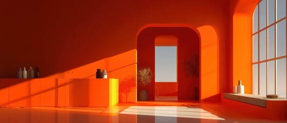 Aufkleber - Orange Interior Design with Arches and Sunlight, Modern Minimalist Style, Architectural Photography, Sunny Day