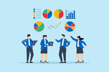 Poster - Flat illustration of team analyzing colorful pie charts and line graphs data analytics business strategy teamwork dashboard marketing research and performance tracking