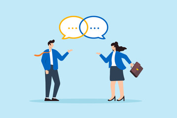 Poster - Flat illustration of businessman and businesswoman having conversation with linked speech bubbles effective communication and mutual understanding in business