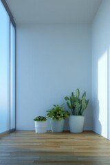 Aufkleber - Indoor Plants in Minimalist Room Corner, Three Potted Plants, Cactus, Succulent, Bromeliad, Natural Light, Interior Design, Home Decor, Modern Style