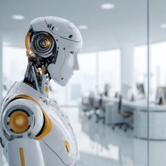 Poster - Robot in Office Looking Left Profile Futuristic AI Technology Concept in Modern Workspace