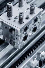 Poster - Industrial Automation Component Close Up Showing Precision Engineering and Manufacturing Process with Metal Parts and Linear Rail System