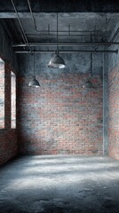 Aufkleber - Industrial interior with brick wall and hanging lamps in a warehouse setting, low angle shot, creating a sense of depth and space