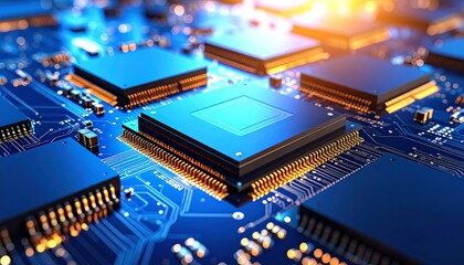 Poster - A close-up view of a modern microprocessor chip on a circuit board, showcasing intricate details and technology