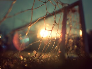 Wall Mural - Vintage photography with soccer goal with lens flare effect