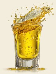 Poster - Golden liquid splash in glass close up studio shot on light background refreshing drink alcohol beverage