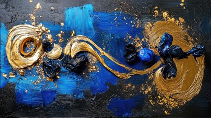 Poster - Abstract elegance with gold and blue glittery swirls in a moody dark space