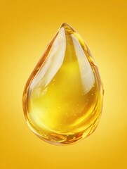 Poster - Close-up of golden liquid drop on yellow background studio shot; oil, honey, serum, or cosmetic liquid; macro shot of single drop