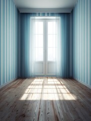 Aufkleber - Empty room interior design with blue striped wallpaper and sunlight shining through window onto wood floor