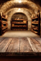 Poster - Rustic wooden table surface with blurred wine cellar background for product display or food presentation, vintage style, eye-level shot