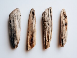Poster - Four pieces of driftwood arranged on white background studio shot overhead view minimalist composition nature texture
