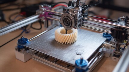 Poster - Close up of 3D printer creating plastic object on metal bed in a workshop setting; technology innovation and design