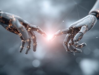 Fototapete - Robot hands touching fingers in futuristic style representing artificial intelligence and connection in studio shot