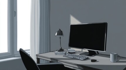 Poster - Illustration of a desk setup with computer monitor lamp keyboard and mug in a home office workspace near window