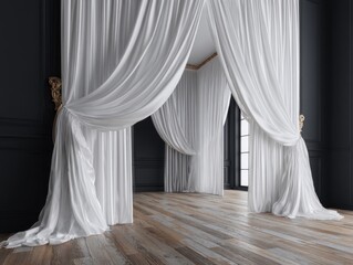 Aufkleber - Interior view of elegant room with flowing white curtains and dark walls, luxury design, interior photography