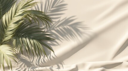 Poster - Palm Fronds Cast Shadows on Soft Beige Fabric Backdrop in Studio Setting for Product Mockups and Presentations