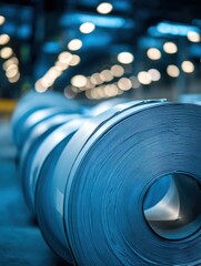 Poster - Close-up of Steel Coils in a Factory, Industrial Manufacturing, Metal Production, Blue Tones, Bokeh Lights, Modern Industry, Steel Mill