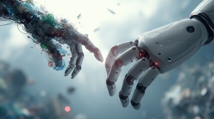 Poster - Robot Hands Reaching Out Low Angle View of Artificial Intelligence and Environmental Pollution Concept