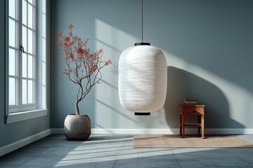 Poster - Empty minimalist room with hanging japanese paper lantern, plant, and small table