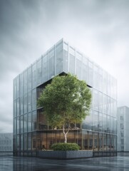 Poster - Modern Office Building with Tree in Courtyard, Low Angle, Glass Facade, Sustainable Architecture, Urban Oasis, Cloudy Sky