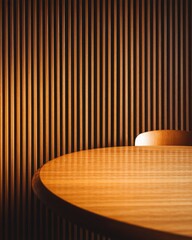 Aufkleber - Close-up of Round Wooden Table with Chair Against Slat Wall in Warm Light, Interior Design, Modern Style, Minimalist Aesthetic, Studio Shot