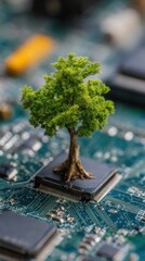 Poster - Miniature Tree Growing on Computer Chip Close Up Illustrating Technology and Nature Digital Ecosystem Concept