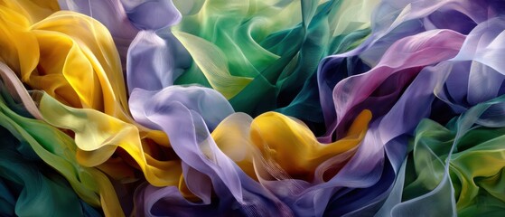 Poster - Abstract Artistic Close-Up of Flowing Fabric in Yellow Lilac Green and Purple Colors with Soft Light and Delicate Texture