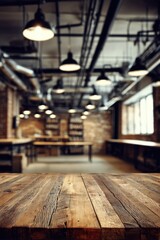 Poster - Rustic Wooden Tabletop in Industrial Loft Restaurant Interior with Exposed Pipes and Lighting Fixtures Overhead