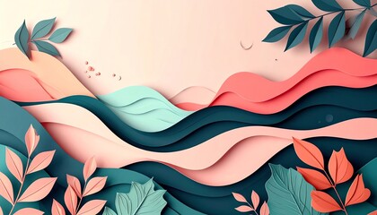 Poster - A vibrant, abstract landscape featuring layered waves and foliage in soft pastel colors, creating a serene and artistic composition
