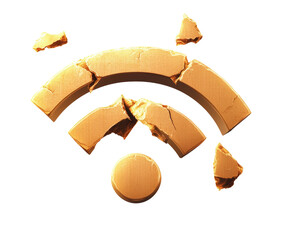 Poster - A fractured tan Wi-Fi symbol surrounded by broken pieces suggesting connectivity problems and frustration.