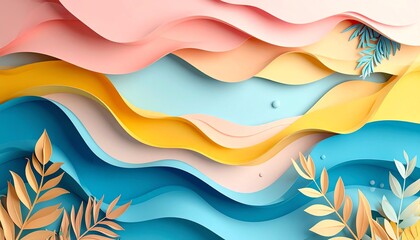 Poster - Abstract waves in pastel colors create a visually soothing composition, enhanced by delicate foliage accents, evoking a serene and artistic atmosphere