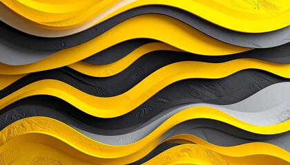 Poster - Wavy layers of yellow, gray, and black create a striking visual texture, showcasing a modern design aesthetic