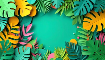 Poster - Vibrant tropical leaves in various colors frame a bright turquoise background, creating a lively and fresh atmosphere