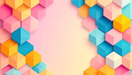 Poster - Vibrant geometric shapes in pastel colors create a playful and modern background, featuring hexagons and cubes arranged artfully