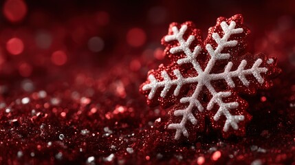 Sticker - Close-up of a detailed white snowflake on a vibrant red background with sharp focus and soft edges.