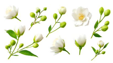 A curated collection of delicate jasmine flowers and vibrant buds, showcasing the intricate beauty of nature's artistry in a clean and captivating display.