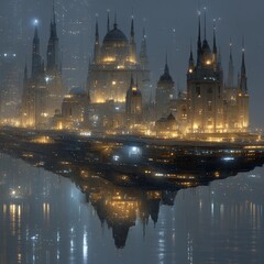 Poster - Futuristic Metropolis on the Water: A City of Lights and Reflection Under the Twilight Sky