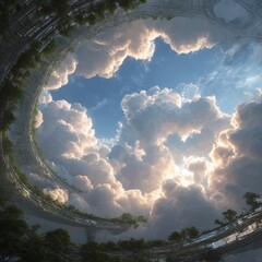 Poster - Looking up through a massive, futuristic ring structure filled with trees, into a sky full of dramatic clouds