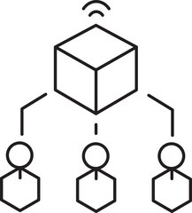 Poster - Simple black and white illustration depicts cube connected to three individuals, symbolizing network or distribution system. cube has wireless signal icon above it, indicating connectivity or data