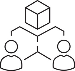 Poster - Simple line illustration depicts two people connected to central cube, symbolizing collaboration or shared resources. minimalist design uses black lines on transparency background