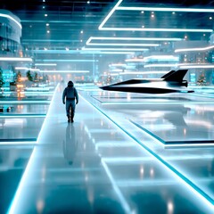 Aufkleber - Future Awaits: Spaceman's Journey in a Neon-Lit, Advanced Cityscape with a Stealth Aircraft, Reflective Surfaces & Sparkling Trees