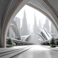 Aufkleber - Futuristic White Cityscape: Archway Perspective on Urban Sprawl with Modern Architecture and Lush Greenery