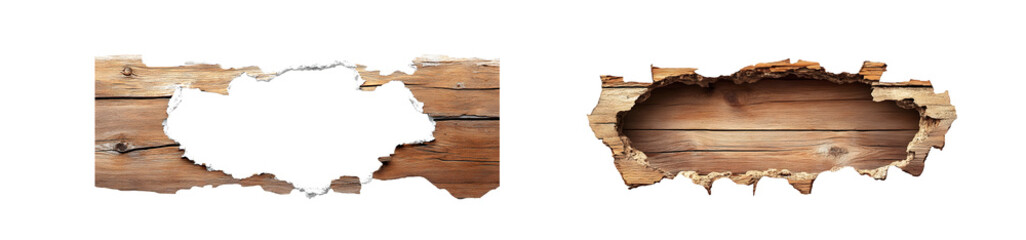 Poster - Set of Wooden plank surface with a large hole. isolated on transparent background